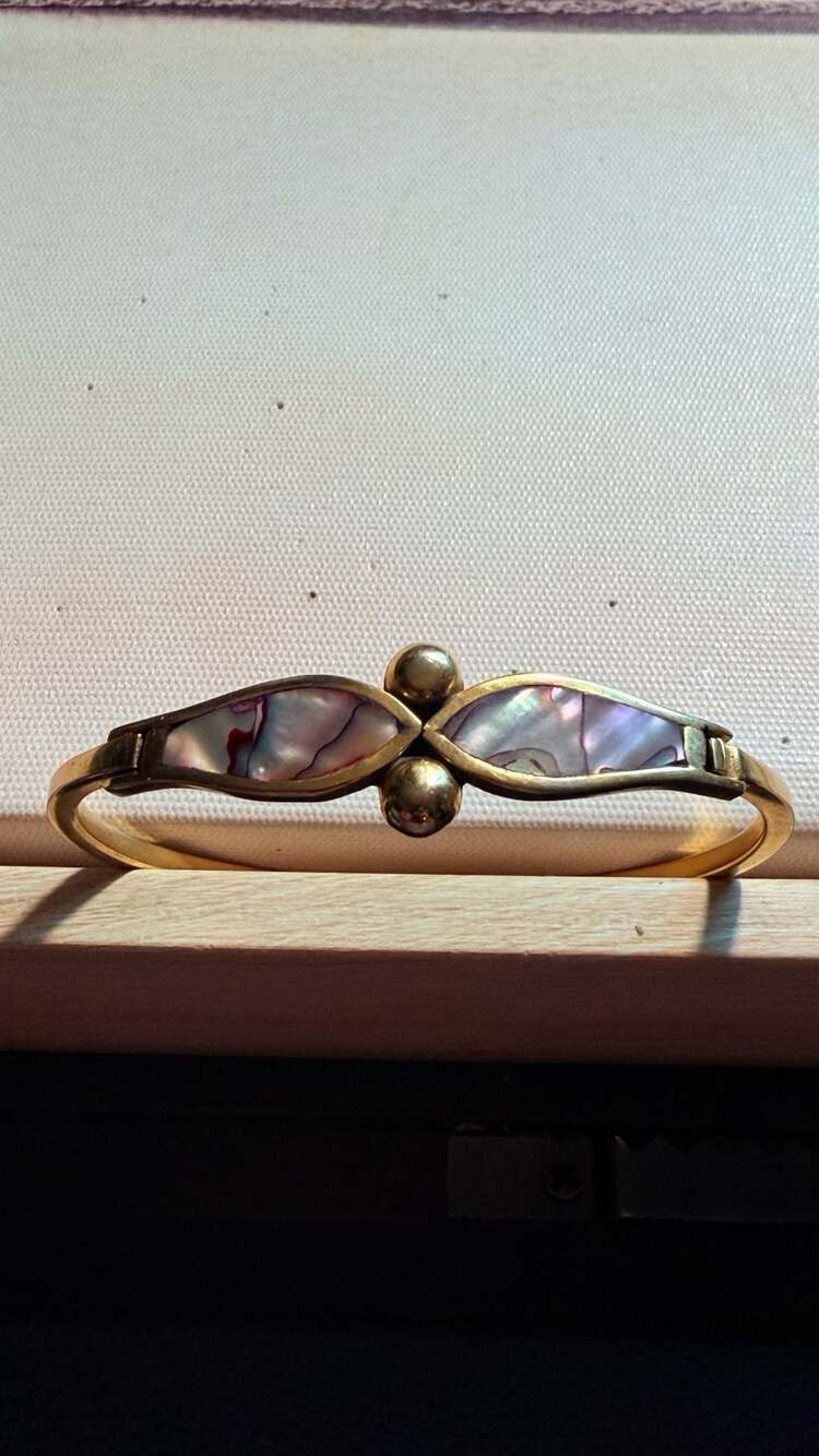 Vintage Alpaca Mexico Abalone Inlay Hinged Bangle Bracelet